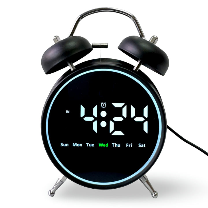 Checkmate Reggie USB Powered Round Twin Bell Digital Alarm Clock Black 17cm VGW-2738BK 1