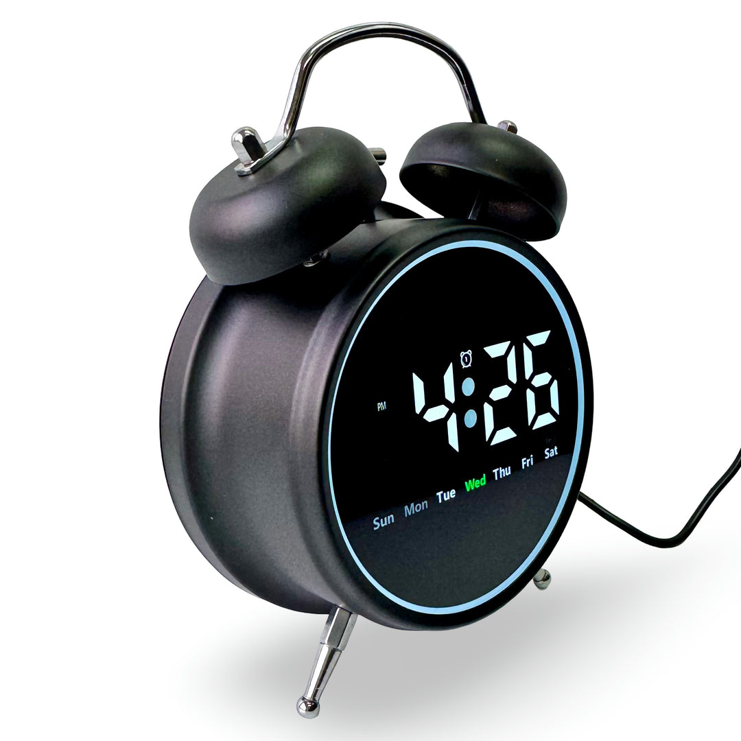 Checkmate Reggie USB Powered Round Twin Bell Digital Alarm Clock Black 17cm VGW-2738BK 2