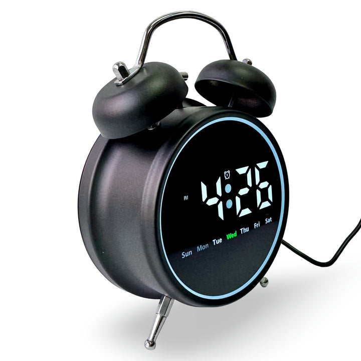 Checkmate Reggie USB Powered Round Twin Bell Digital Alarm Clock Black 17cm VGW-2738BK 2