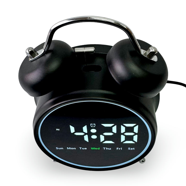 Checkmate Reggie USB Powered Round Twin Bell Digital Alarm Clock Black 17cm VGW-2738BK 3