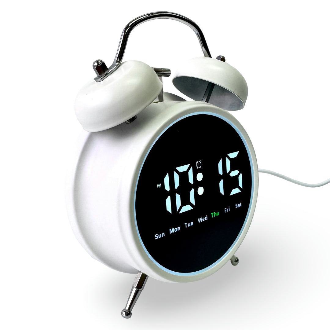 Checkmate Reggie USB Powered Round Twin Bell Digital Alarm Clock White 17cm VGW-2738WT 2