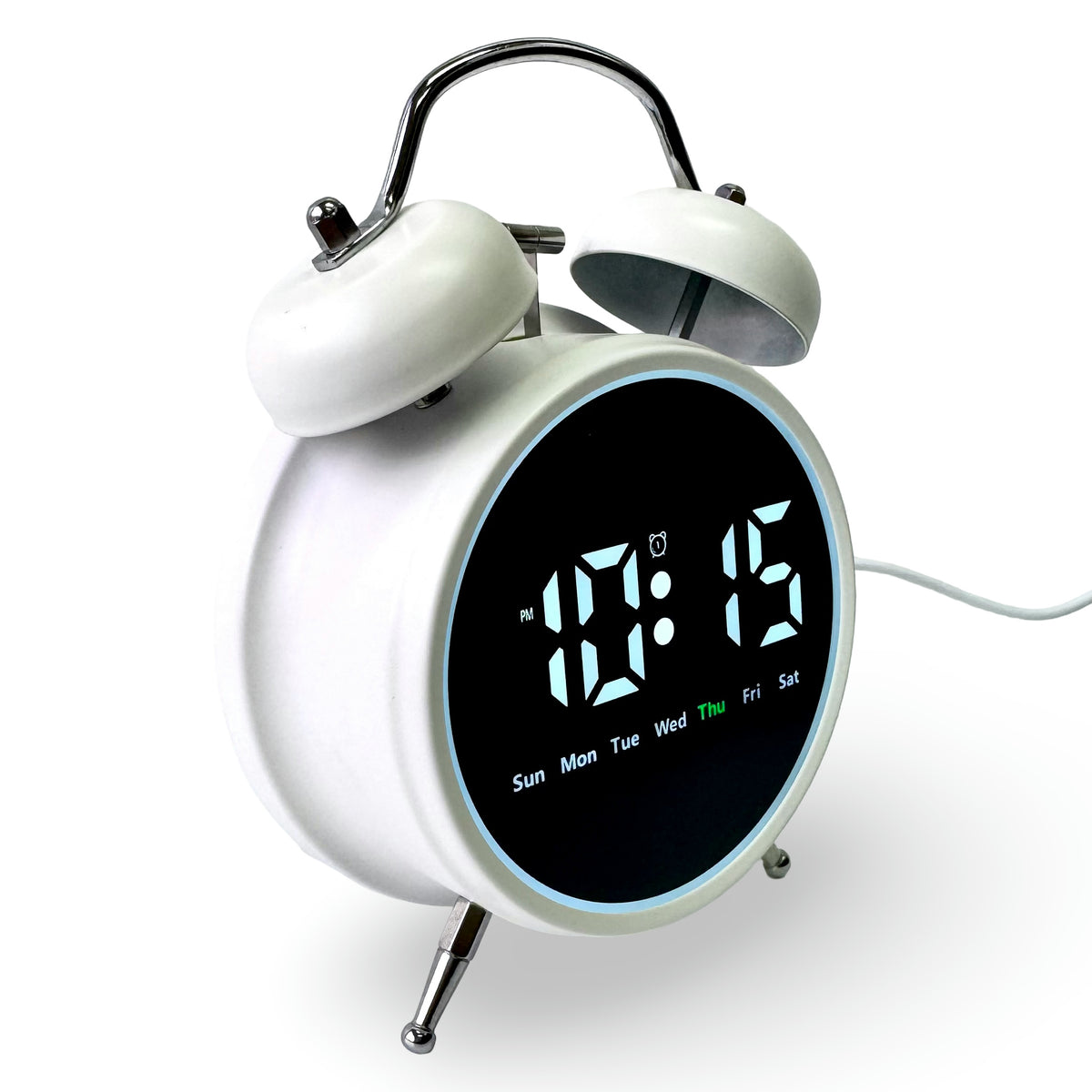 Checkmate Reggie USB Powered Round Twin Bell Digital Alarm Clock White 17cm VGW-2738WT 2