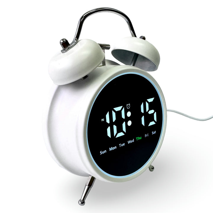 Checkmate Reggie USB Powered Round Twin Bell Digital Alarm Clock White 17cm VGW-2738WT 2