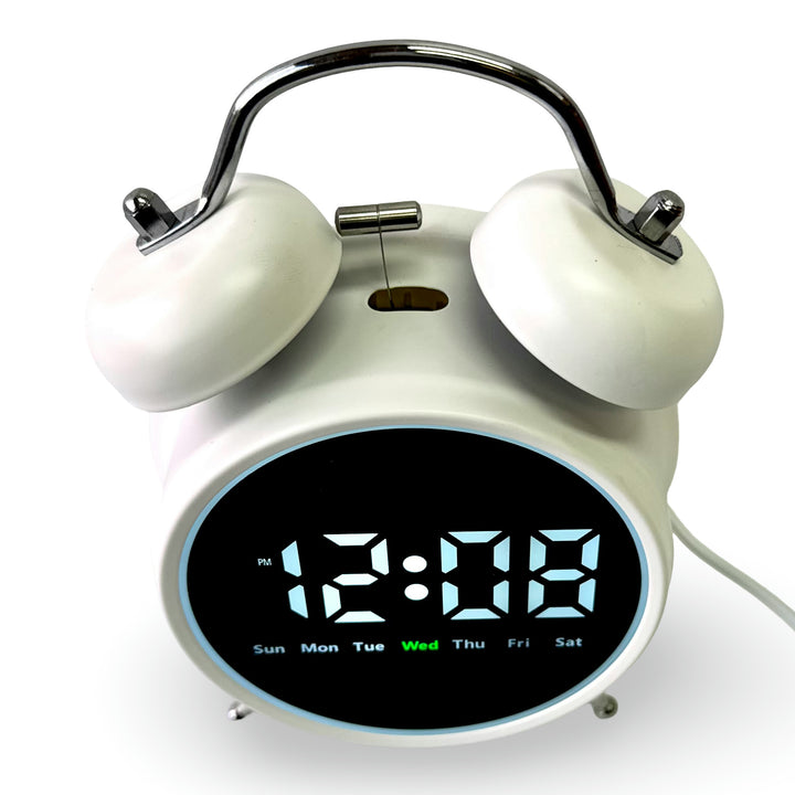 Checkmate Reggie USB Powered Round Twin Bell Digital Alarm Clock White 17cm VGW-2738WT 3