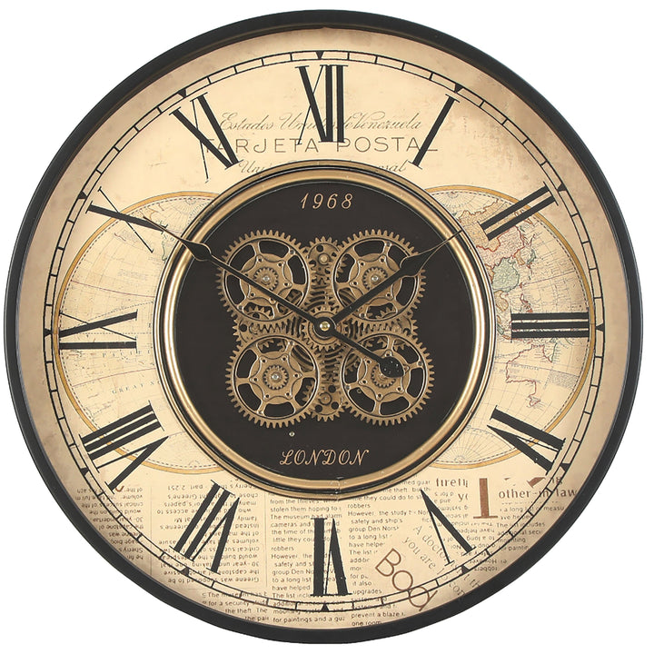 Chilli Decor 1968 London Old World Metal Moving Gears Wall Clock Beige 48cm TQ-E189 1
