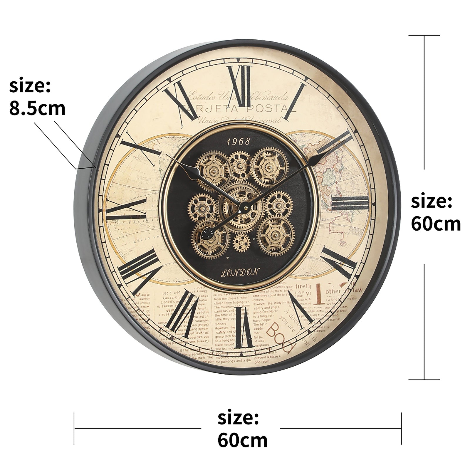 Chilli Decor 1968 London Old World Metal Moving Gears Wall Clock Beige 60cm TQ-E188 2 #size_60cm