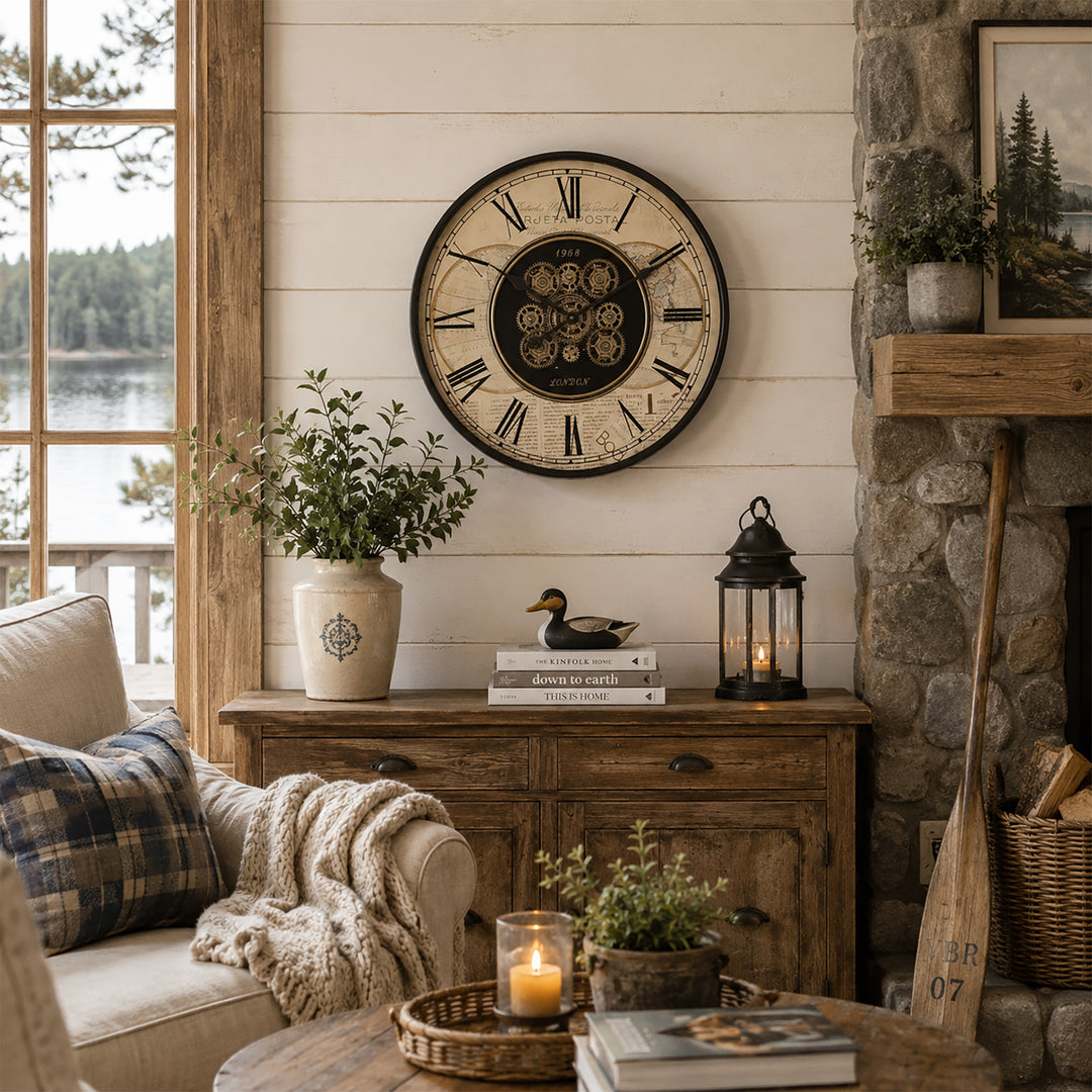 Chilli Decor 1968 London Old World Metal Moving Gears Wall Clock Beige 60cm TQ-E188 5 
