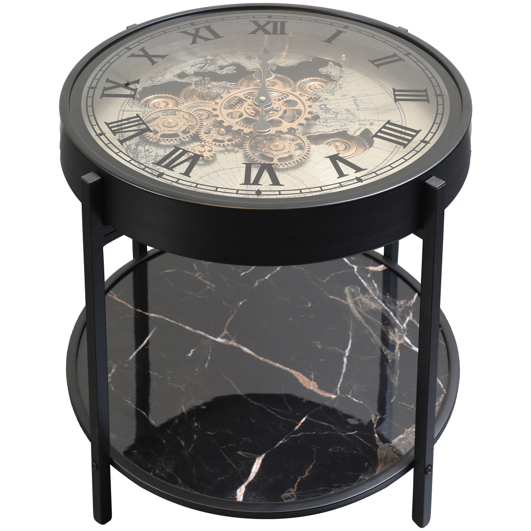 Chilli Decor 2 in 1 Marco Map Black Silver Moving Gears Side Table Floor Clock 57cm TQ-E90 1