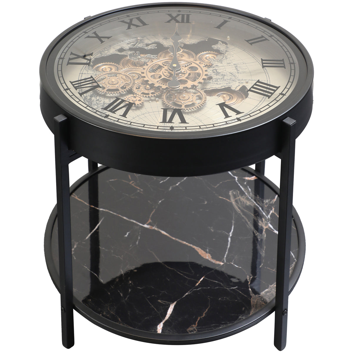 Chilli Decor 2 in 1 Marco Map Black Silver Moving Gears Side Table Floor Clock 57cm TQ-E90 1
