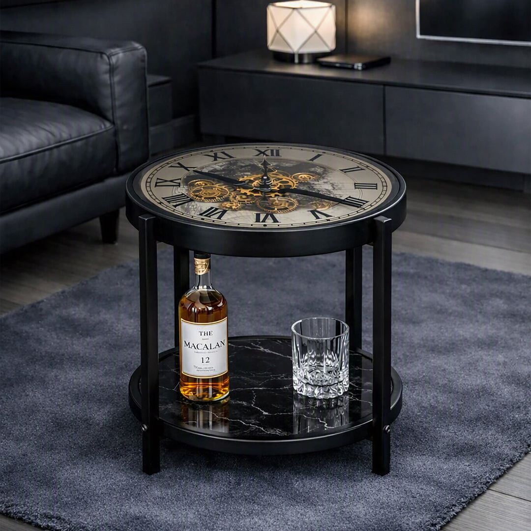 Chilli Decor 2 in 1 Marco Map Black Silver Moving Gears Side Table Floor Clock 57cm TQ-E90 2