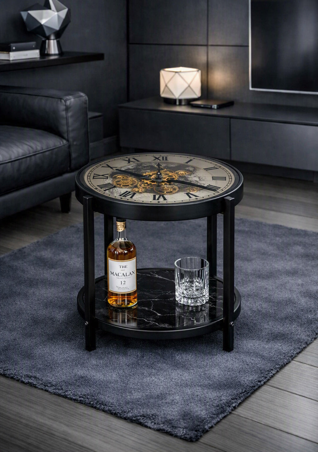 Chilli Decor 2 in 1 Marco Map Black Silver Moving Gears Side Table Floor Clock 57cm TQ-E90 3
