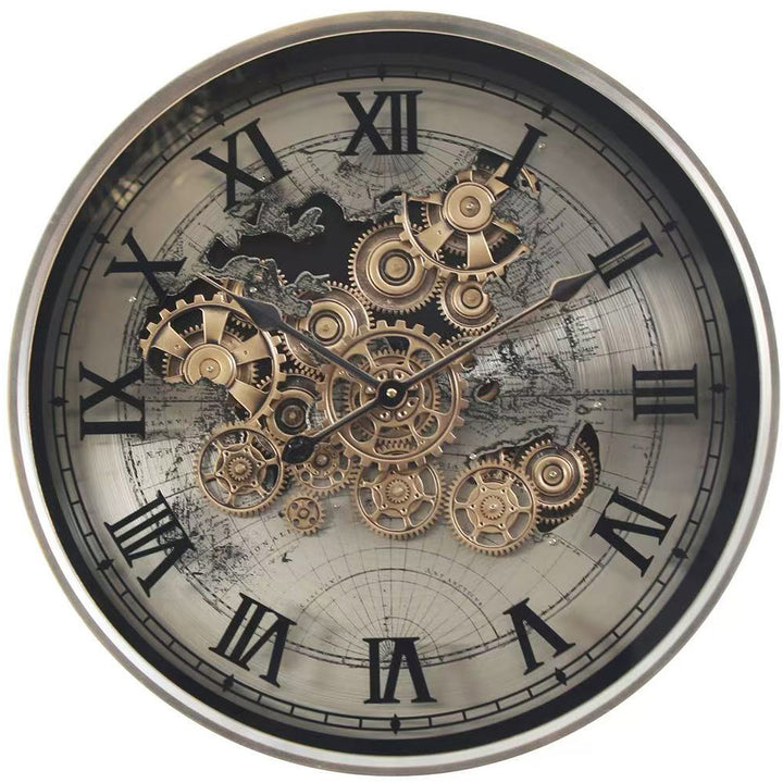Chilli Decor 2 in 1 Marco Map Black Silver Moving Gears Side Table Floor Clock 57cm TQ-E90 5