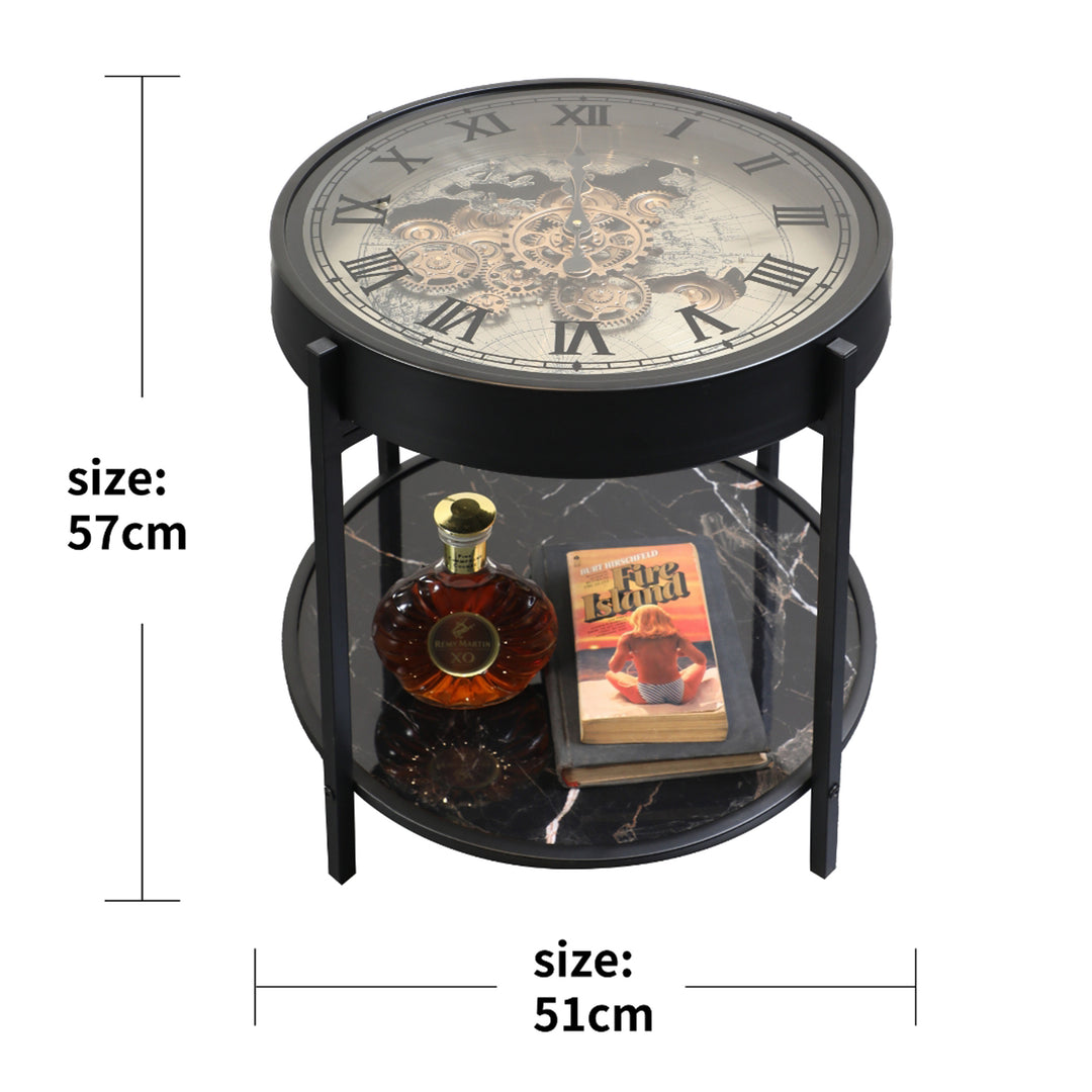 Chilli Decor 2 in 1 Marco Map Black Silver Moving Gears Side Table Floor Clock 57cm TQ-E90 7