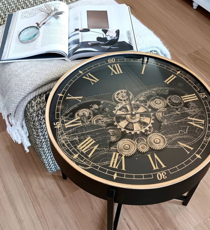 Chilli Decor 2 in 1 Vasco World Map Moving Gears Side Table Floor Clock Lifestyle Photo 4 