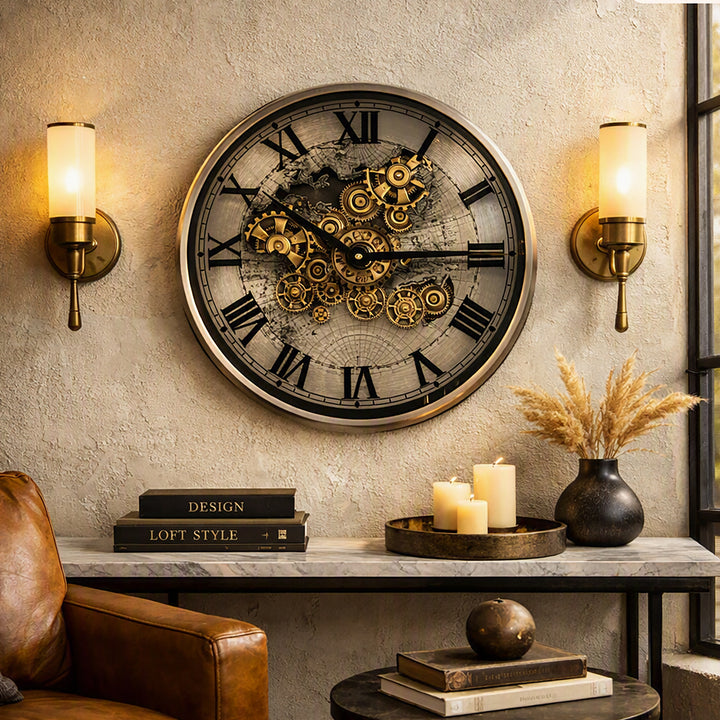 Chilli Decor 2 in 1 Vasco World Map Moving Gears Side Table Floor Clock Lifestyle Photo 1 