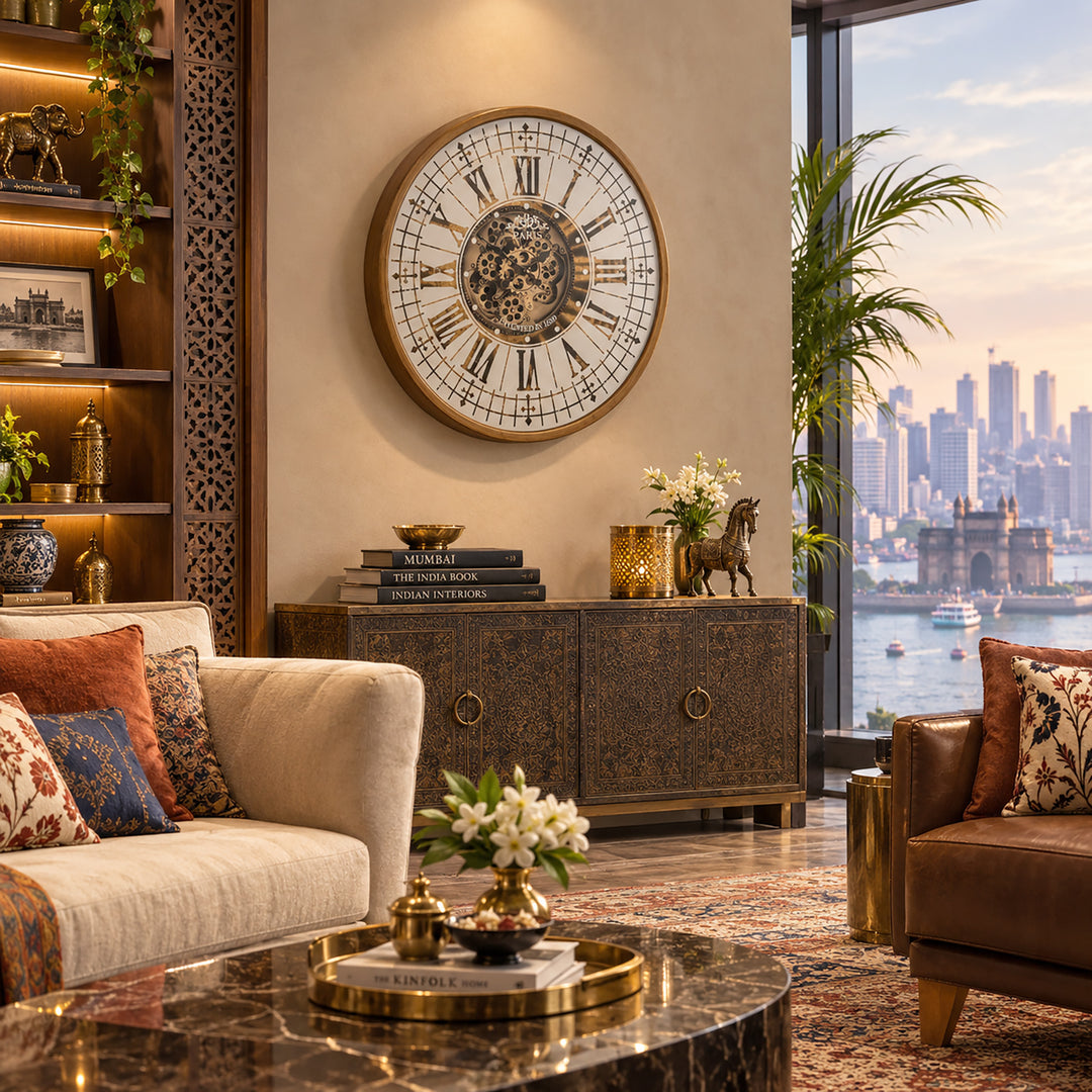 Chilli Decor Aceline Paris Mirrored Gold Metal Moving Gears Wall Clock 80cm TQ-Y674 LIfestyle 1