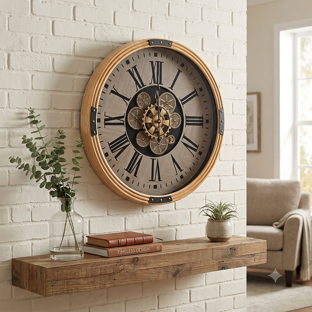 Chilli Decor Arlington Rustic Wooden Moving Gears Wall Clock 54cm TQ-E138 5