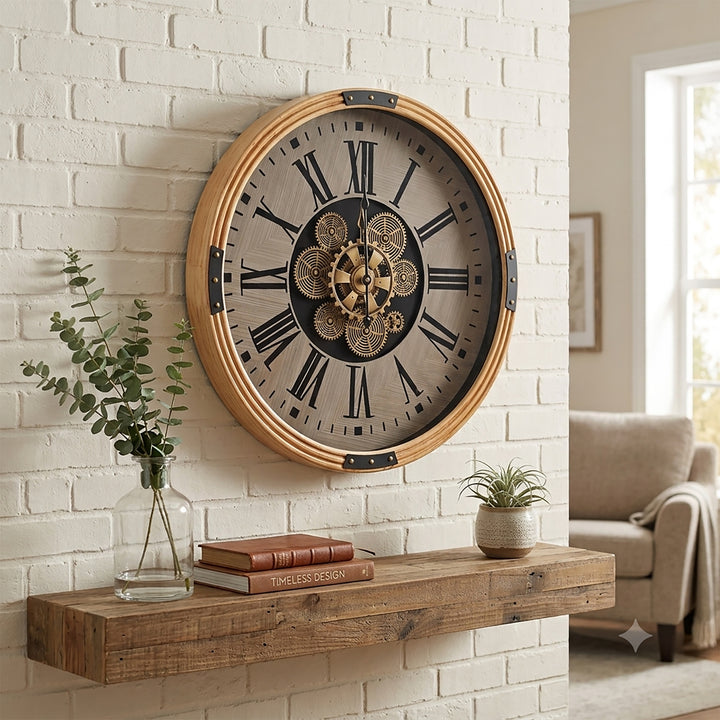 Chilli Decor Arlington Rustic Wooden Moving Gears Wall Clock 54cm TQ-E138 5