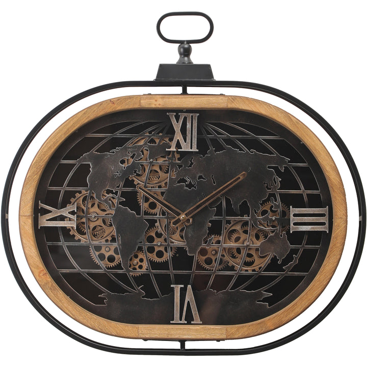 Chilli Decor Atlas Columbus Oval FOB Metal Wood Moving Gears Wall Clock 76cm TQ-E05 1 #size_76cm
