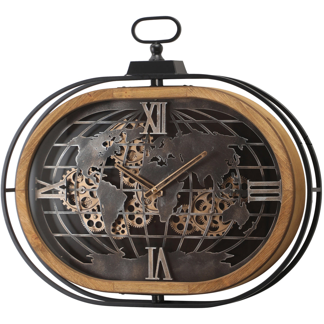 Fob Clock Colour In Atlas Columbus Oval FOB Metal Wood Moving Gears Wall Clock – Oh Clocks