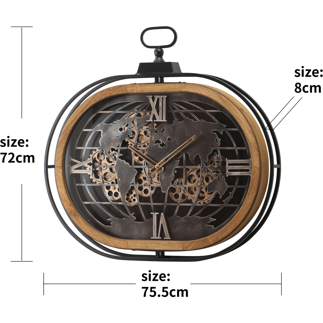 Chilli Decor Atlas Columbus Oval FOB Metal Wood Moving Gears Wall Clock 76cm TQ-E05 3 #size_76cm