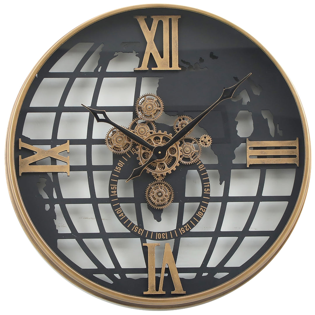 Chilli Decor Atlas World Map Metal Moving Gears Wall Clock Black Gold 80cm TQ-E31 1