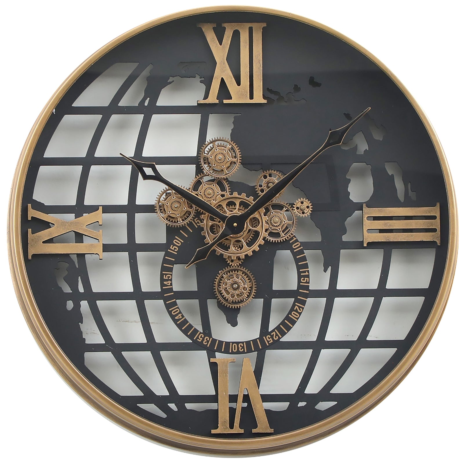 Chilli Decor Atlas World Map Metal Moving Gears Wall Clock Black Gold 80cm TQ-E31 1