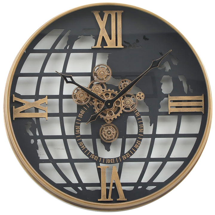 Chilli Decor Atlas World Map Metal Moving Gears Wall Clock Black Gold 80cm TQ-E31 1