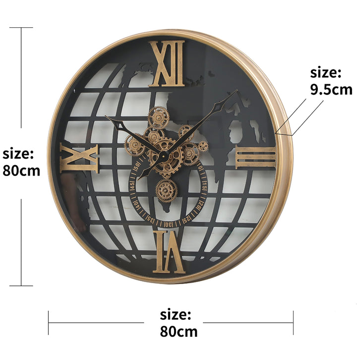 Chilli Decor Atlas World Map Metal Moving Gears Wall Clock Black Gold 80cm TQ-E31 2