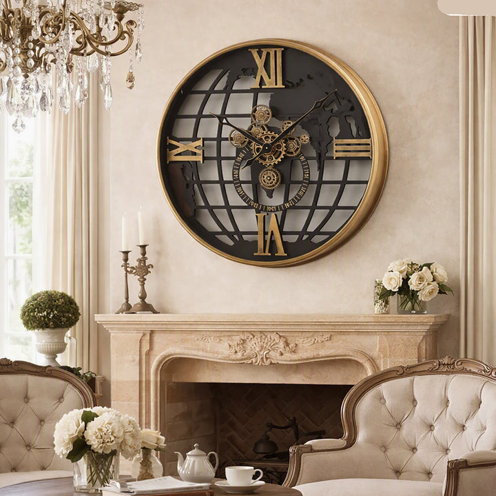 Chilli Decor Atlas World Map Metal Moving Gears Wall Clock Black Gold 80cm TQ-E31 5