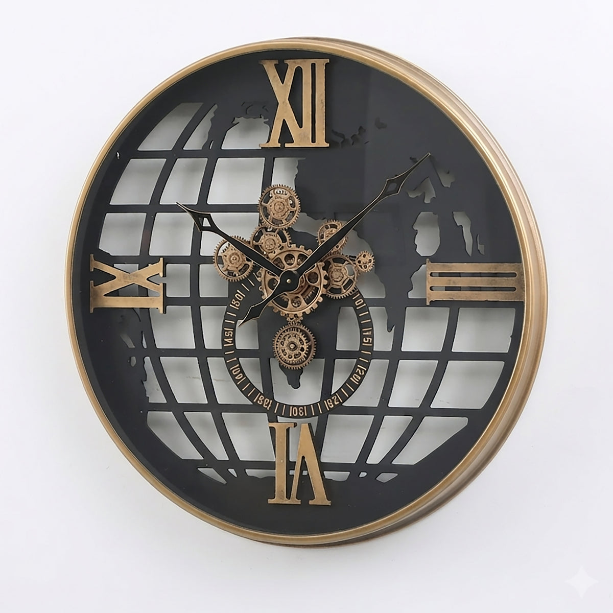 Chilli Decor Atlas World Map Metal Moving Gears Wall Clock Black Gold 80cm TQ-E31 4