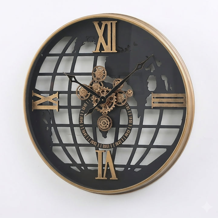 Chilli Decor Atlas World Map Metal Moving Gears Wall Clock Black Gold 80cm TQ-E31 4