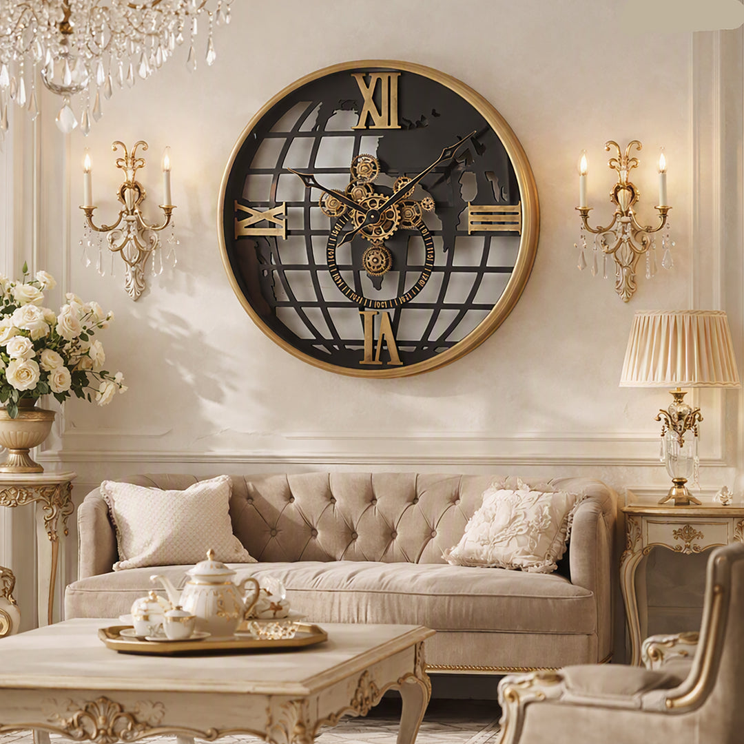 Chilli Decor Atlas World Map Metal Moving Gears Wall Clock Black Gold 80cm TQ-E31 6