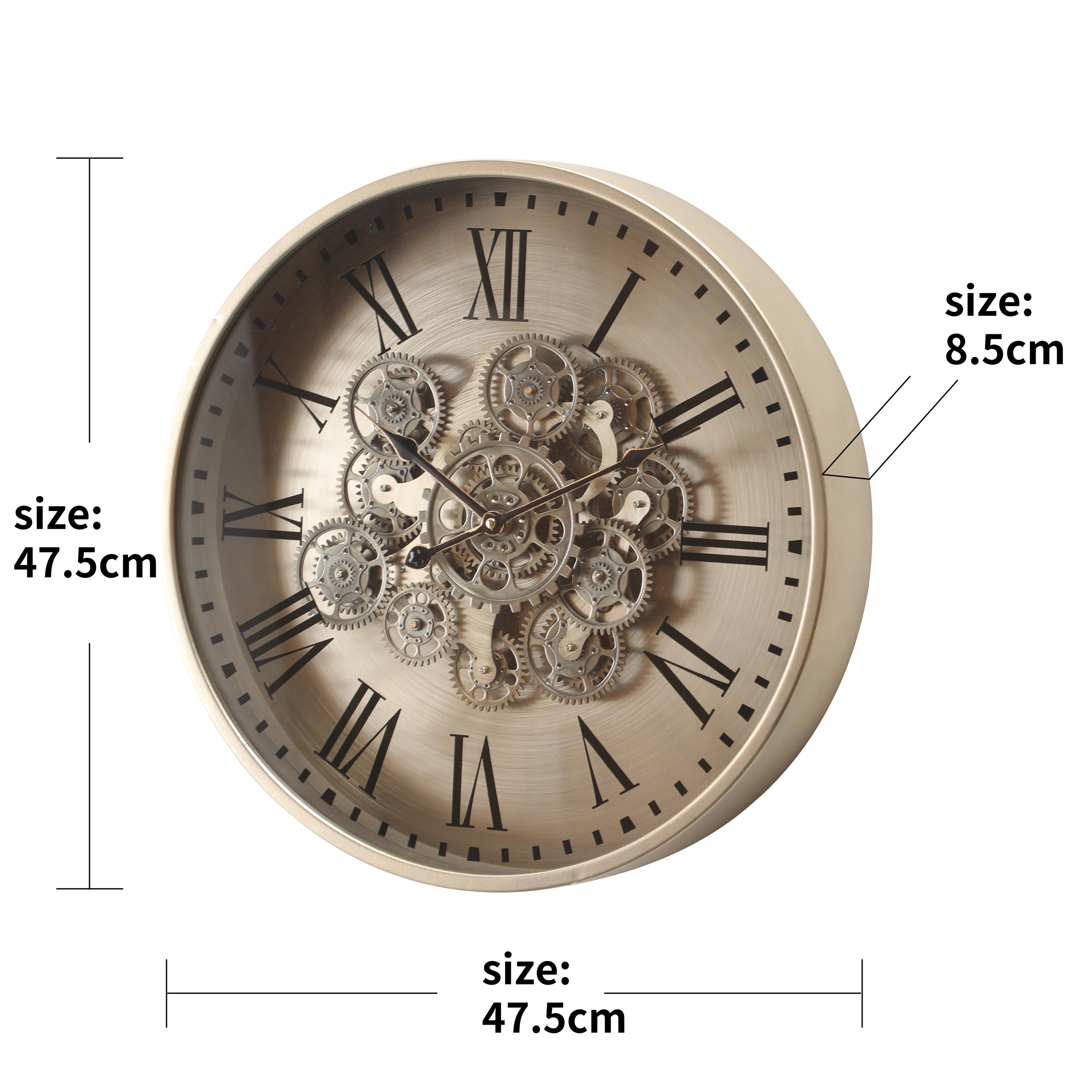 Birmingham Brushed Silver Roman Metal Moving Gears Wall Clock – Oh