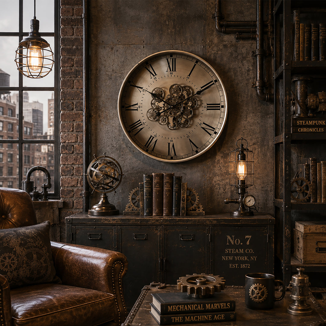Chilli Decor Birmingham Brushed Silver Roman Metal Moving Gears Wall Clock 60cm TQ-E27 4
