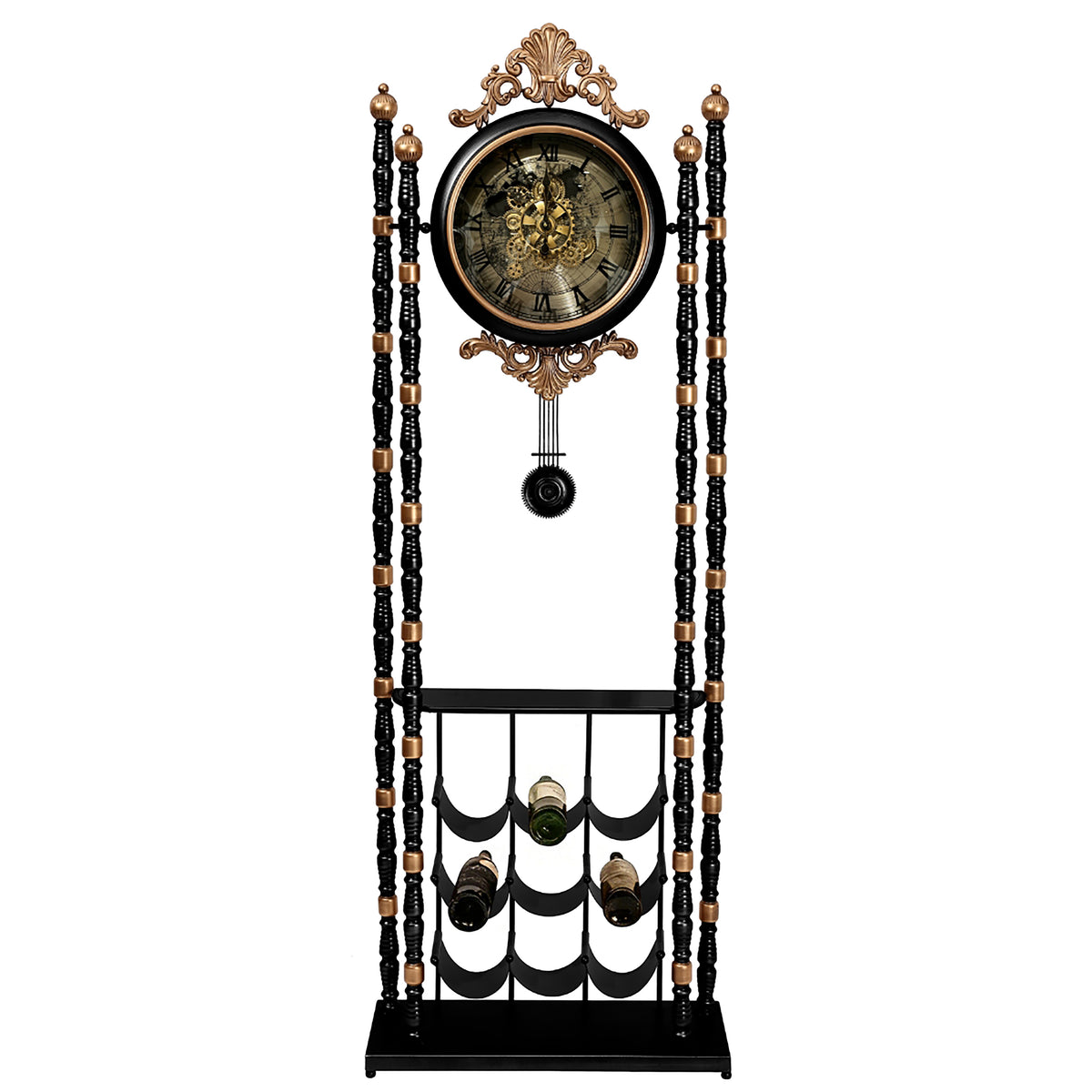 Chilli Decor Bordeaux Metal Pendulum Moving Gears Wine Rack Floor Clock Black 186cm TQ-E263 1