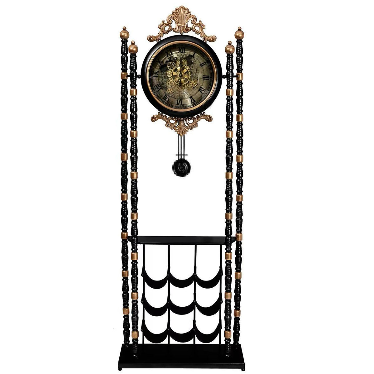 Chilli Decor Bordeaux Metal Pendulum Moving Gears Wine Rack Floor Clock Black 186cm TQ-E263 2