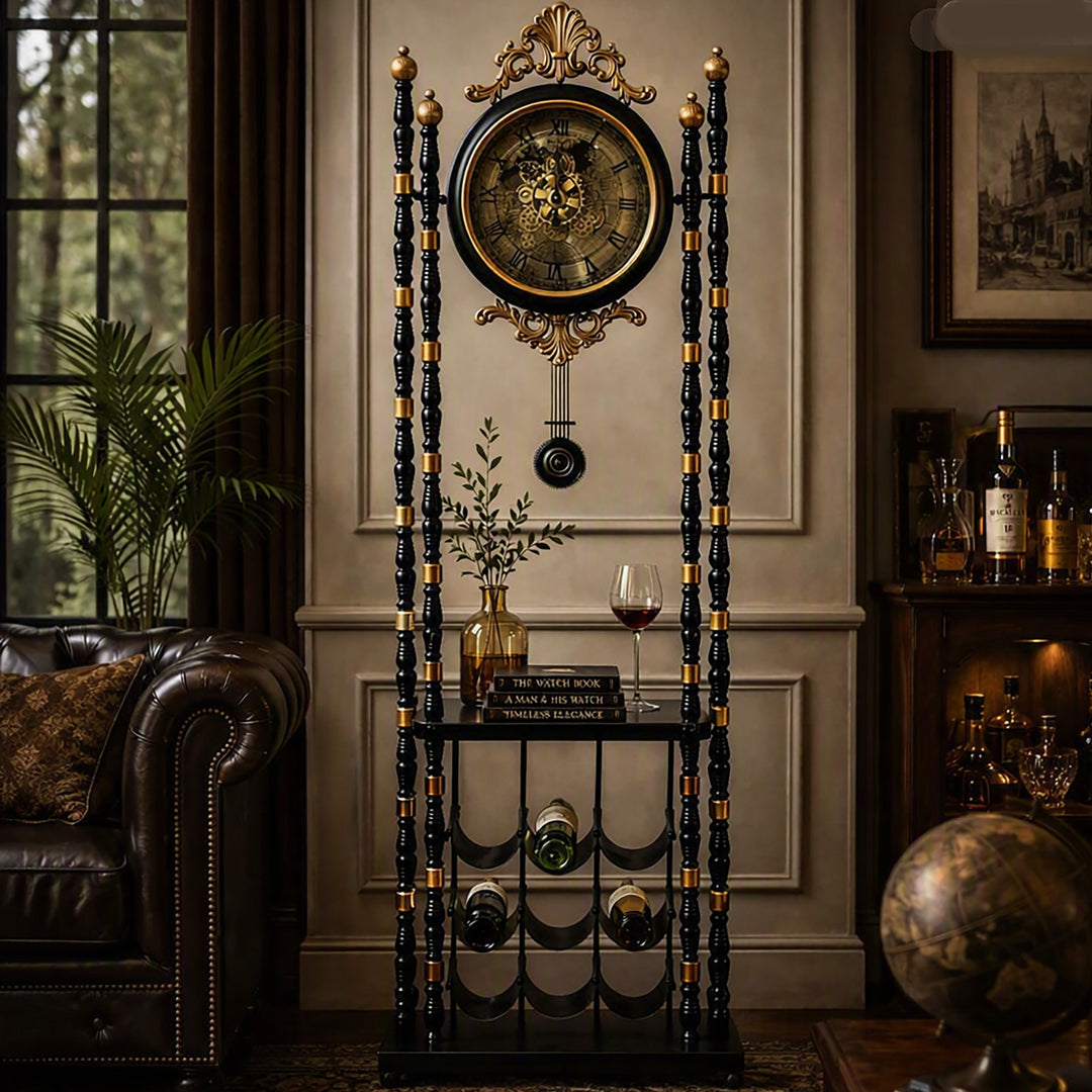 Chilli Decor Bordeaux Metal Pendulum Moving Gears Wine Rack Floor Clock Black 186cm TQ-E263 3
