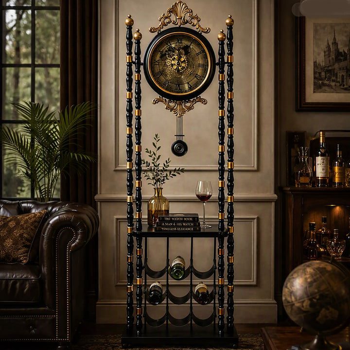 Chilli Decor Bordeaux Metal Pendulum Moving Gears Wine Rack Floor Clock Black 186cm TQ-E263 3