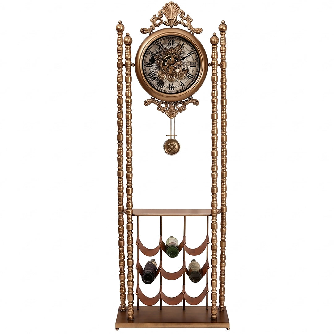 Chilli Decor Bordeaux Metal Pendulum Moving Gears Wine Rack Floor Clock Gold 186cm TQ-E259 1