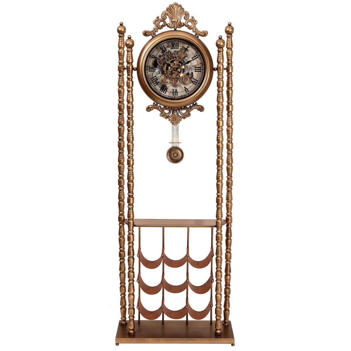 Chilli Decor Bordeaux Metal Pendulum Moving Gears Wine Rack Floor Clock Gold 186cm TQ-E259 2
