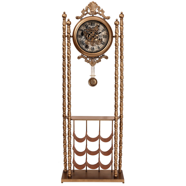 Chilli Decor Bordeaux Metal Pendulum Moving Gears Wine Rack Floor Clock Gold 186cm TQ-E259 2