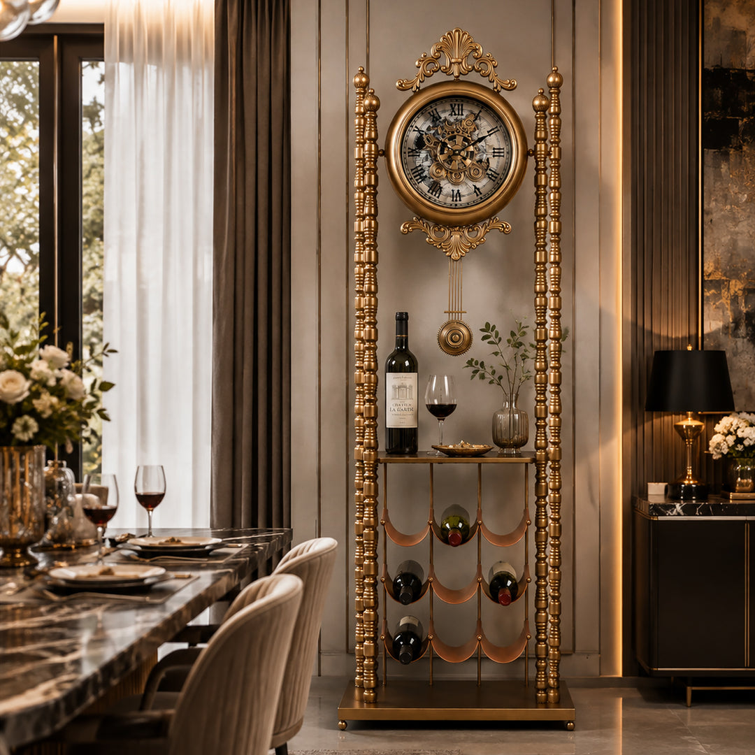 Chilli Decor Bordeaux Metal Pendulum Moving Gears Wine Rack Floor Clock Gold 186cm TQ-E259 3