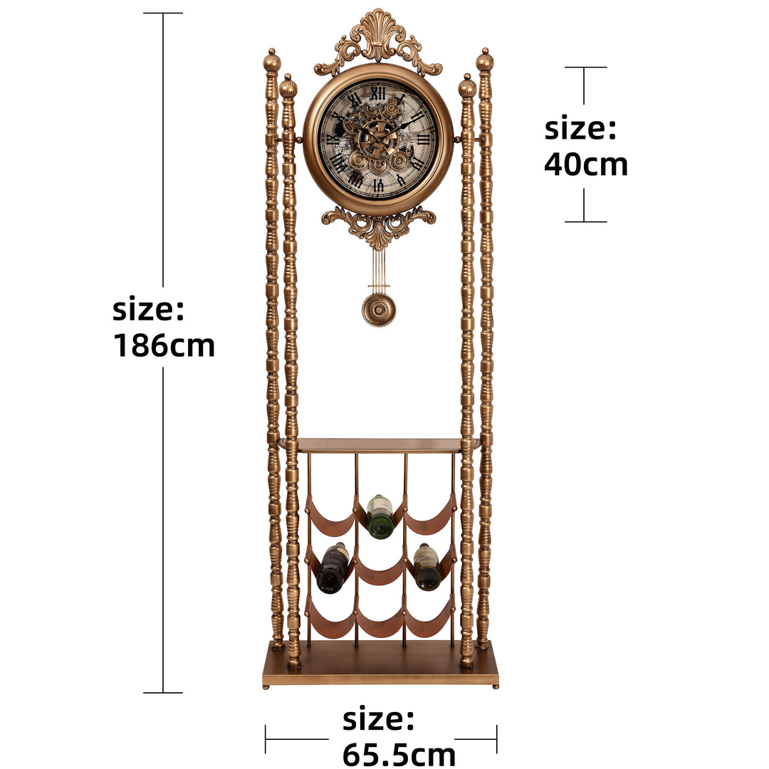 Chilli Decor Bordeaux Metal Pendulum Moving Gears Wine Rack Floor Clock Gold 186cm TQ-E259 6
