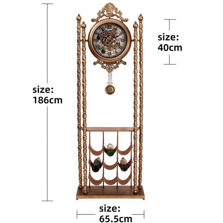 Chilli Decor Bordeaux Metal Pendulum Moving Gears Wine Rack Floor Clock Gold 186cm TQ-E259 6