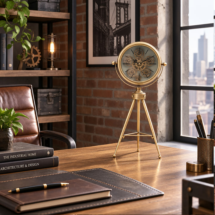 Chilli Decor Bristol Tripod Gold Wash Metal Moving Gears Floor Clock 59cm TQ-E42 4