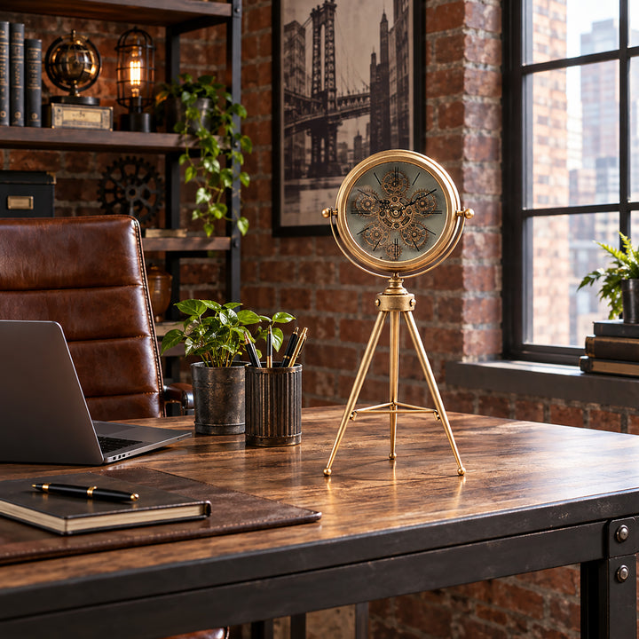 Chilli Decor Bristol Tripod Gold Wash Metal Moving Gears Floor Clock 59cm TQ-E42 5