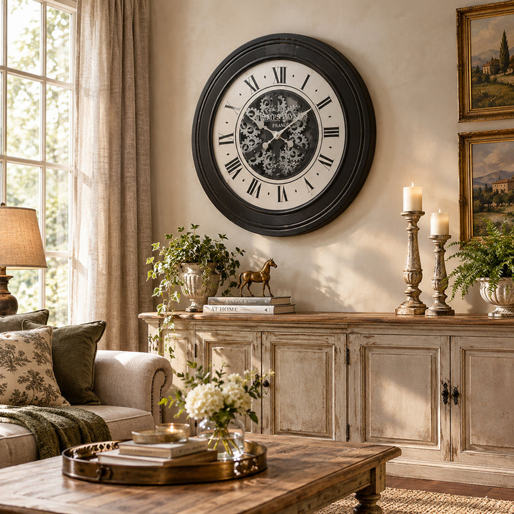 Chilli Decor Champs Elysees Mirrored Black Silver Moving Gears Wall Clock 80cm TQ-Y617 10
