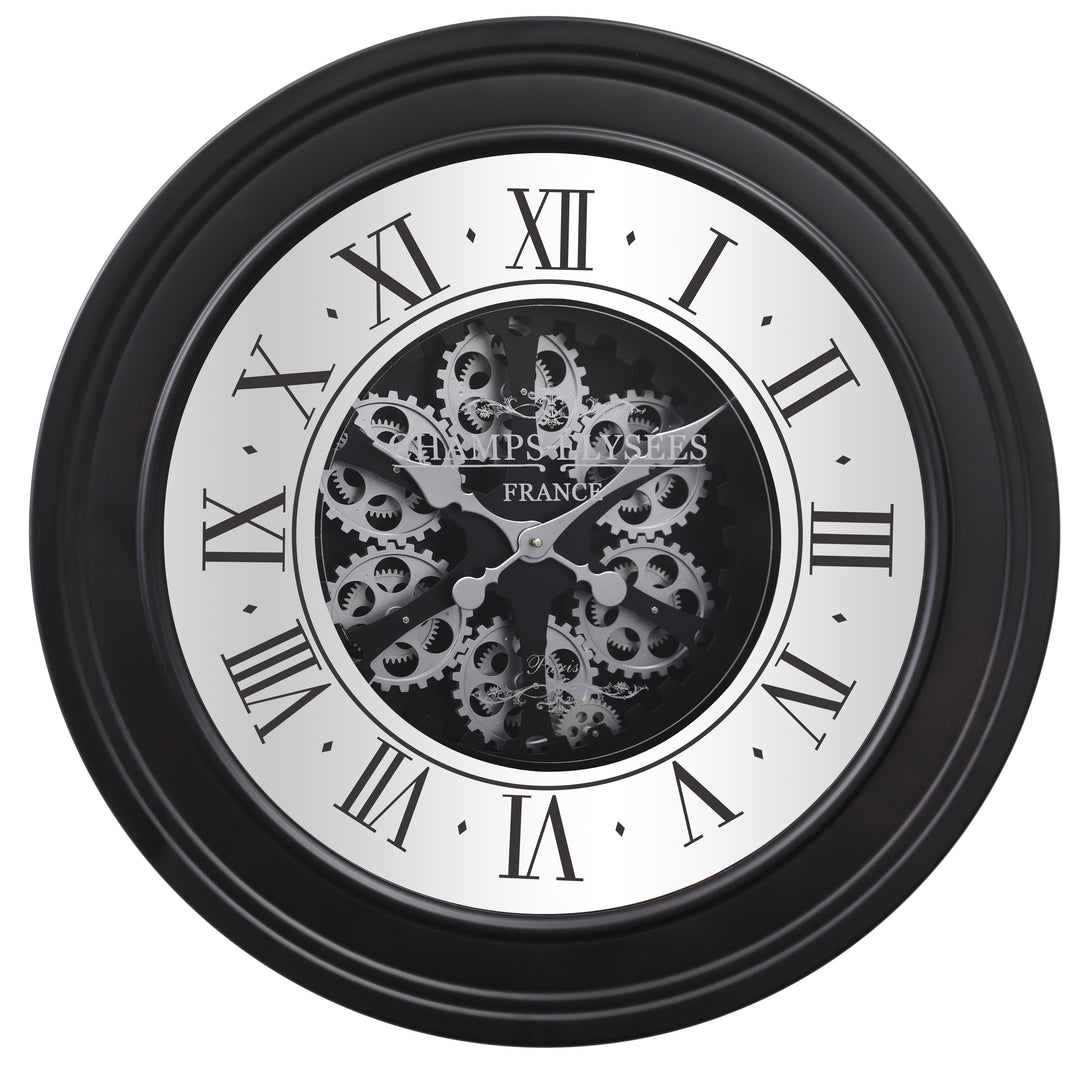 Chilli Decor Champs Elysees Mirrored Black Silver Moving Gears Wall Clock 80cm TQ-Y617 1