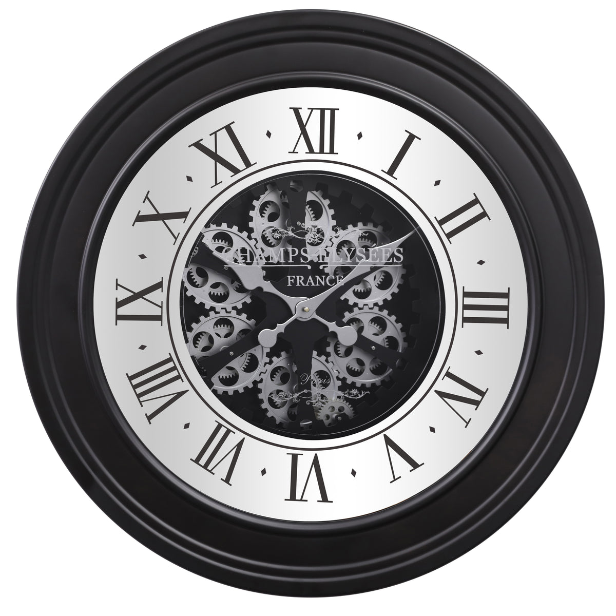 Chilli Decor Champs Elysees Mirrored Black Silver Moving Gears Wall Clock 80cm TQ-Y617 1